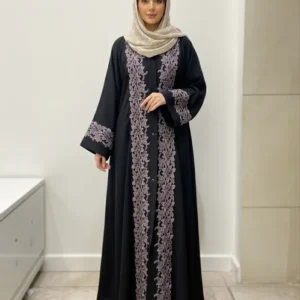 Black Embroidered Pleated Modest Abaya With Matching Hijab