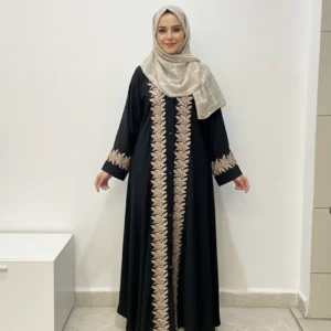 Black Embroidered Pleated Modest Abaya With Matching Hijab