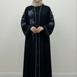 Women’s Black And Purple Handwork Abaya With Black Hijab