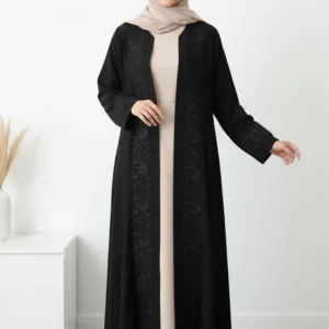Women’s Black And Beige Handwork Abaya With Black Hijab
