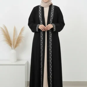 Women’s Black And Beige Handwork Abaya With Black Hijab