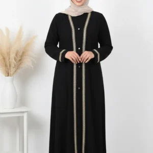 Women’s Black And White Handwork Abaya With Black Hijab