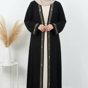 Women’s Black And Beige Handwork Abaya With Black Hijab